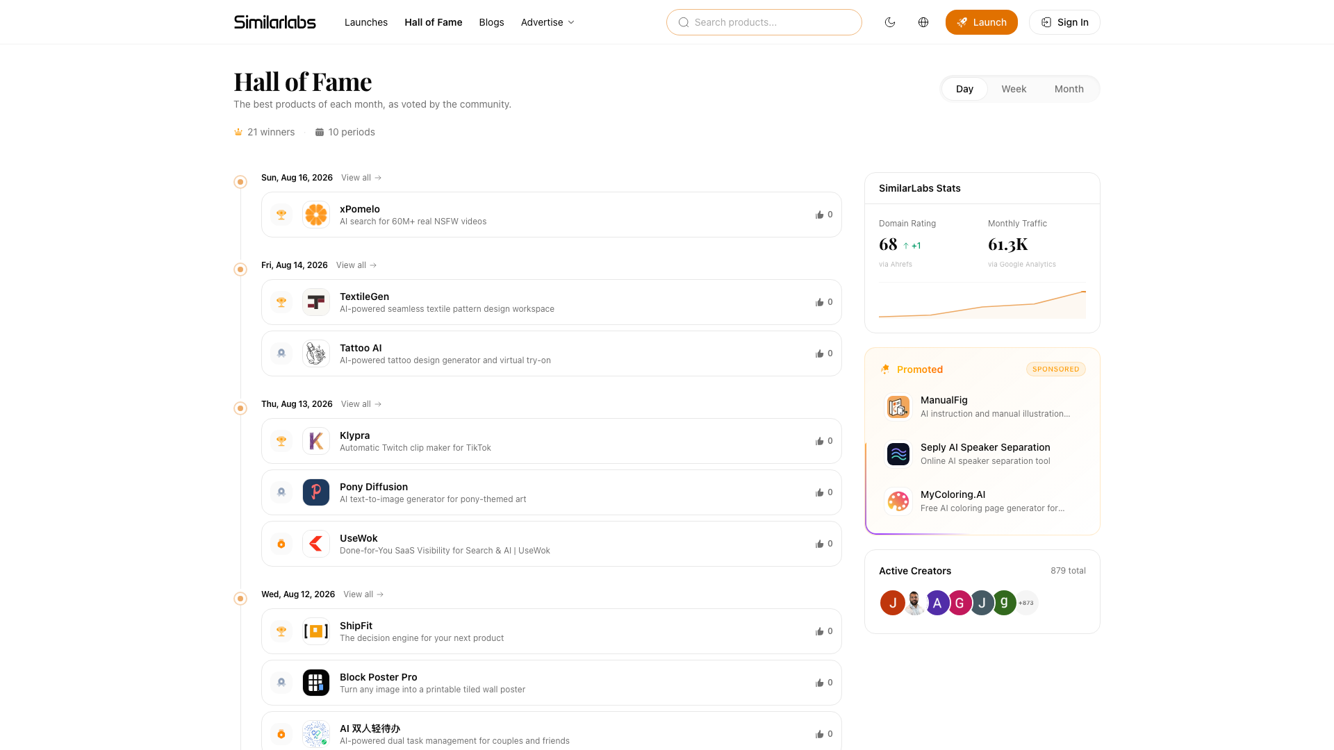 SimilarLabs Hall of Fame page with ranked product entries highlighted