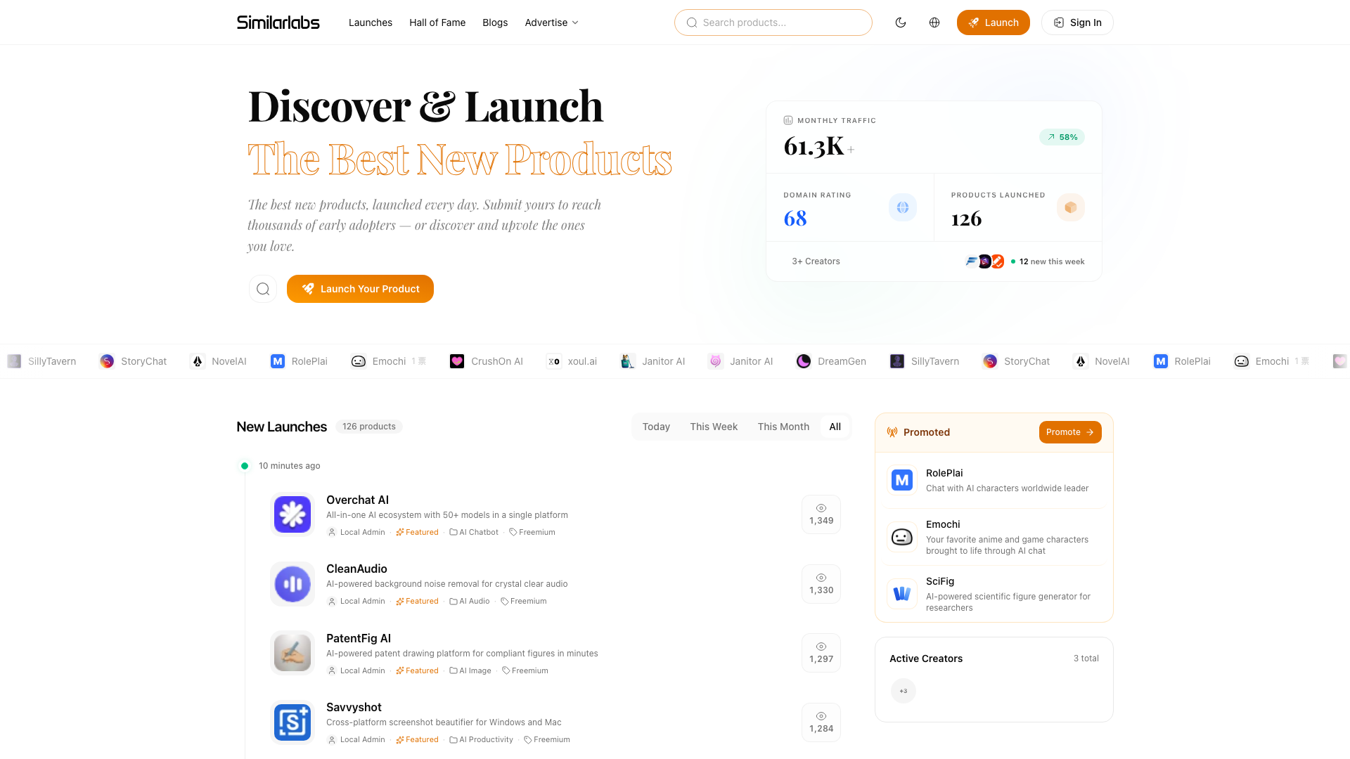 SimilarLabs homepage with the New Launches feed highlighted