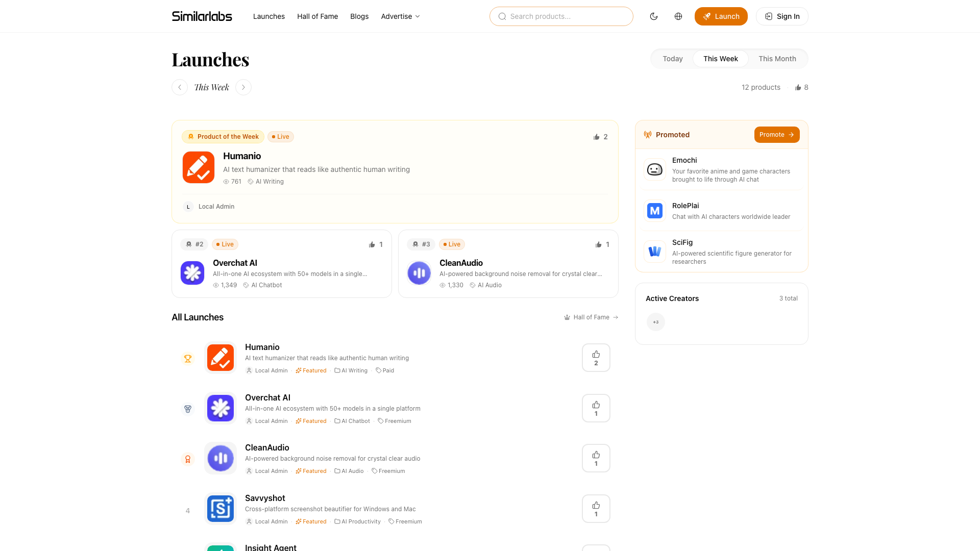 SimilarLabs weekly Launches page with product rankings and launch entries highlighted